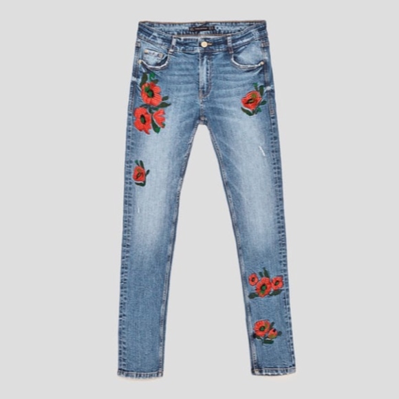 Zara Skinny Jeans Flowers Embroidered EUR 32 XS 0 - Picture 2 of 7